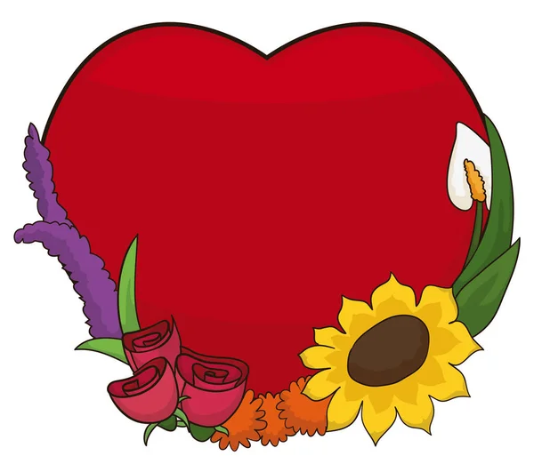 Piros Szív Gyönyörű Virágos Dekoráció Felett Fehér Háttér Vektor Illusztráció — Stock Vector