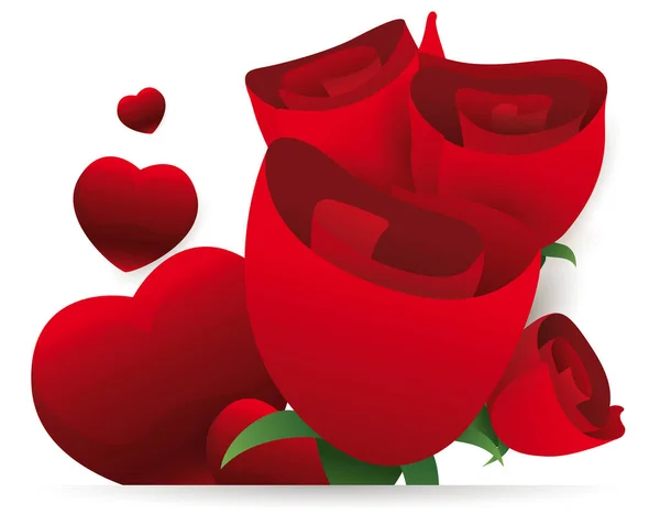 Belo Buquê Rosas Vermelhas Corações Brilhantes Flutuantes Projeto Com Efeito — Vetor de Stock