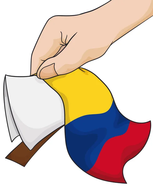 Hand Som Håller Nedvikt Röst Täckt Med Colombiansk Flagga Redo — Stock vektor