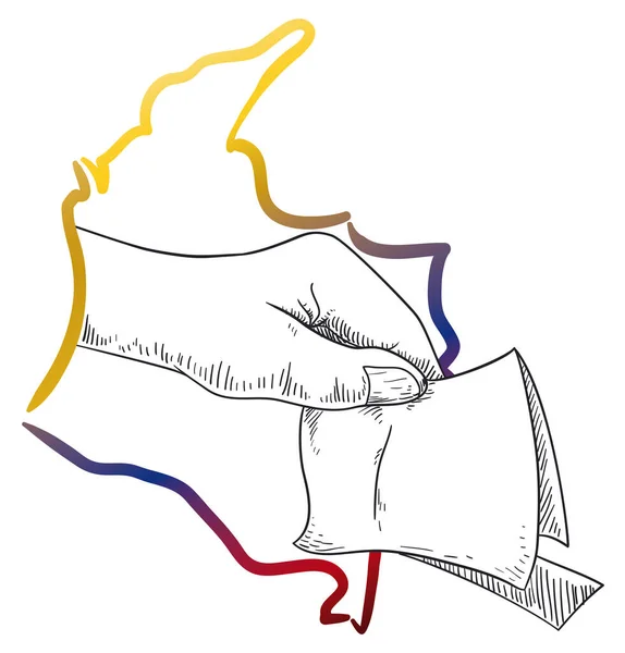 Colombias Karta Med Tricolor Flaggan Färger Hand Håller Röst Handen — Stock vektor