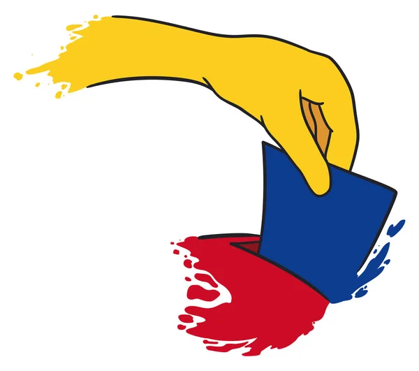 Yellow Hand Depositing Blue Vote Red Ballot Box Scene Depicting — Stock Vector