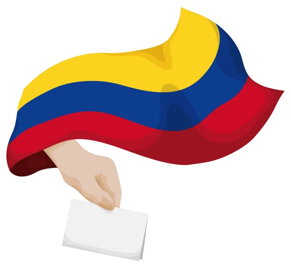 Acenando Bandeira Colombiana Tricolor Com Mão Segurando Voto Dobrado Pronto — Vetor de Stock