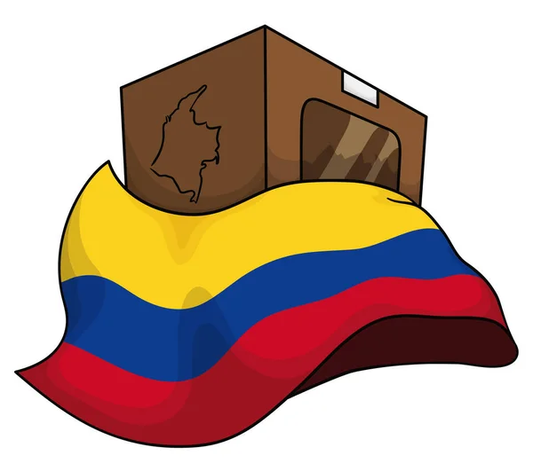 Bandera Colombia Envolviendo Una Urna Cartón Decorada Con Mapa Colombiano — Vector de stock