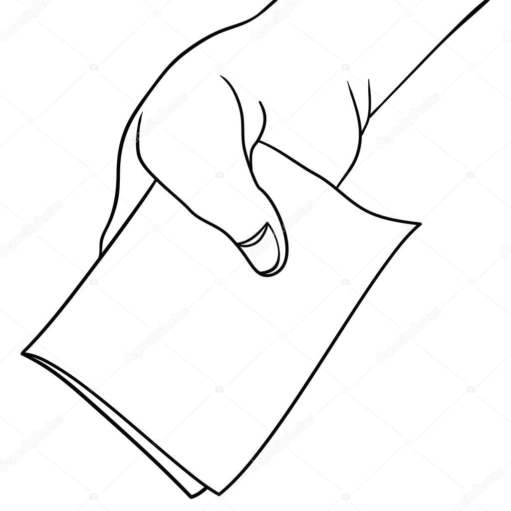 Hand holding a paper like a vote, colorless design in black and white to color it.