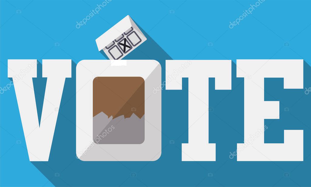 Message promoting democratic event: to vote, with ballot box and marked vote. Design in flat style and long shadow.