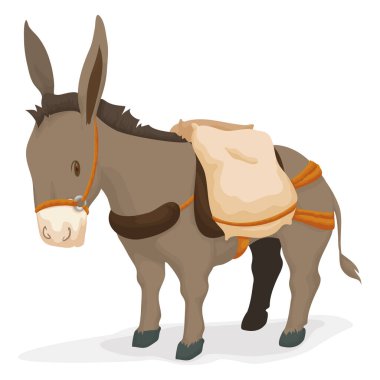 Cute donkey with saddle and gunny sack on its back as cargo, ready to transport it. Design isolated in cartoon style.
