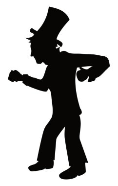 Siyah siluetli zarif bir beyefendi, eldivenli, silindir şapkalı, güzel ayakkabılı ve giysili, dövüş pozisyonunda duruyor..