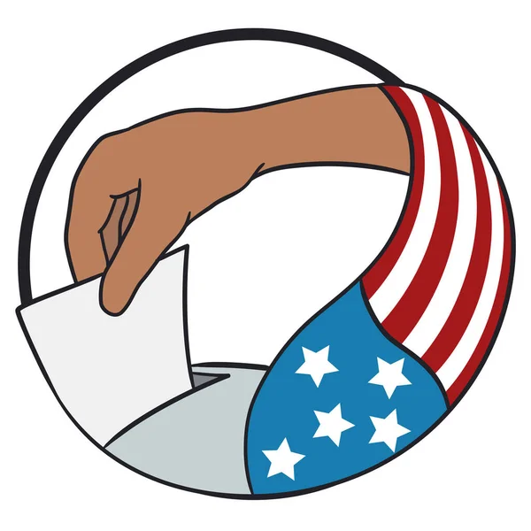 Button Scene Brunette Hand Depositing Vote Ballot Box Wearing Flag — Stock Vector