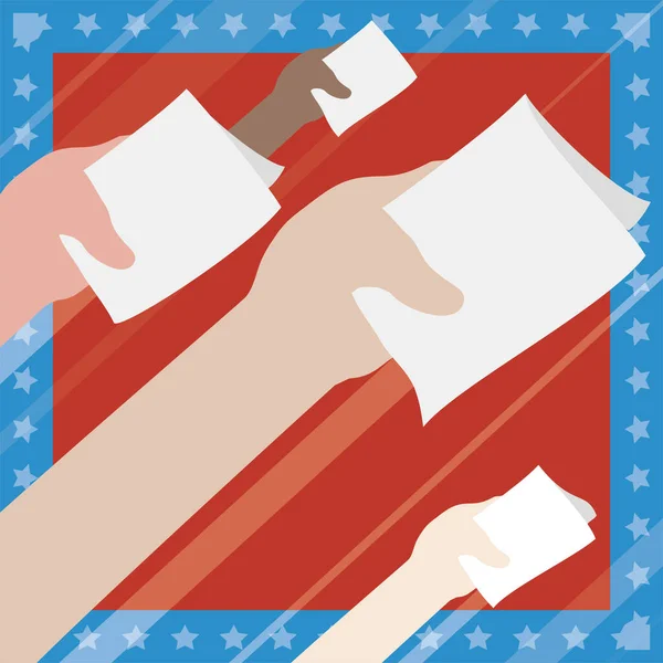 Frame Stars Red Center Hands Holding Folded Votes Ready Suffrage — Διανυσματικό Αρχείο