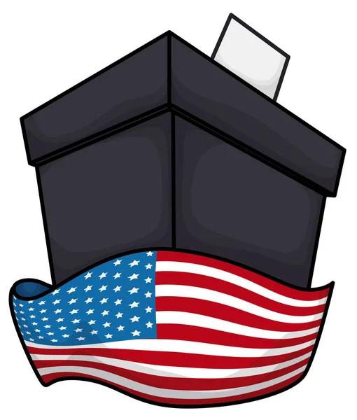 用爱国的选票包裹的黑人投票箱 挥舞着美国国旗 白色背景下的卡通风格设计 — 图库矢量图片