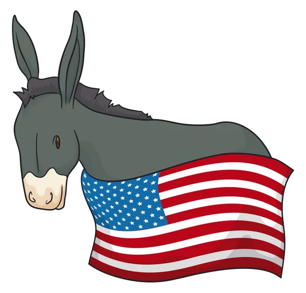 Cute Gray Donkey Wrapped Patriotic Flag Design Cartoon Style White — Διανυσματικό Αρχείο