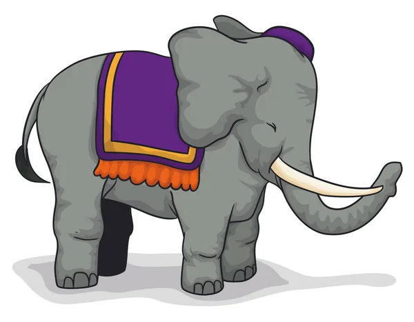 Éléphant Gris Mignon Avec Une Selle Violette Décorée Franges Une — Image vectorielle