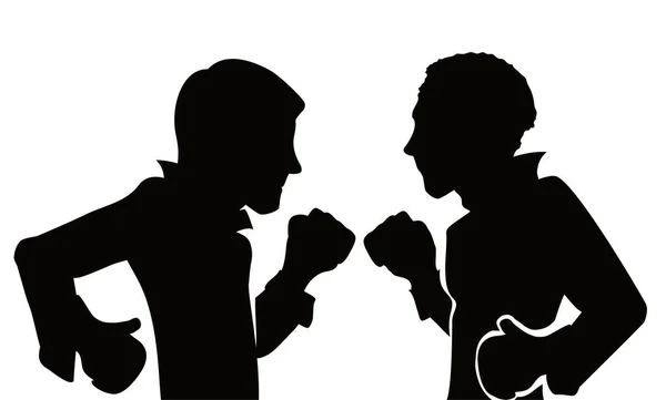 配有战斗场景的轮廓描绘了两位准备战斗的绅士 戴着拳击手套头戴拳头的男人 — 图库矢量图片