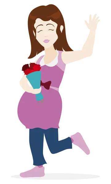 Feliz Joven Embarazada Saludándote Sosteniendo Ramo Rosas Diseño Estilo Plano — Archivo Imágenes Vectoriales
