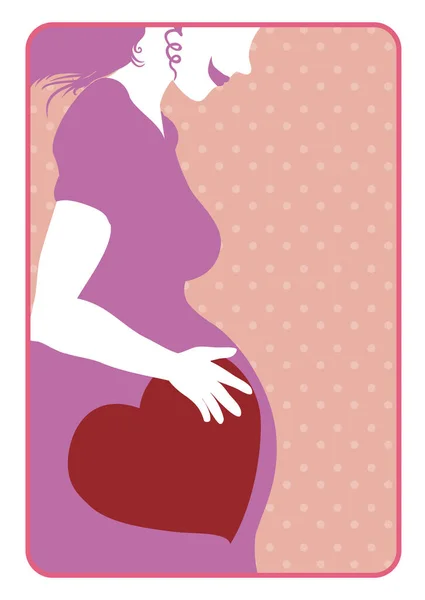Retro Styl Růžová Karta Siluetou Těhotné Ženy Dlouhými Šaty Dotýká — Stockový vektor