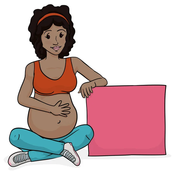 Szczęśliwa Brunetka Ciąży Dotykająca Brzucha Ćwiczeniach Prenatalnych Obok Różowego Pudełka — Wektor stockowy