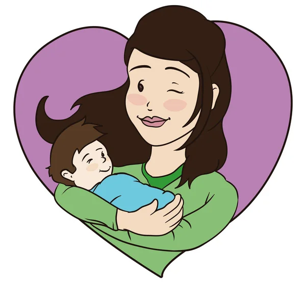 可爱的妈妈 抱着孩子 用粉红的心形框架向你眨眼 — 图库矢量图片
