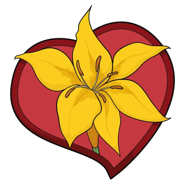 Precioso Corazón Rojo Decorado Con Hermoso Lilium Amarillo Sobre Fondo — Vector de stock
