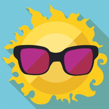 Serin ve rahat güneş manzarası, dev güneş gözlüğü takıyor. Düz stil ve uzun gölge etkisi ile dizayn et.
