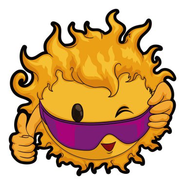 Şirin ve serin bir güneş, yaz zamanı baş parmağıyla selam veriyor. Beyaz arkaplan üzerinde çizgi film tarzı tasarım.