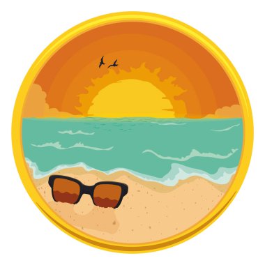 Altın çerçeveli ve yuvarlak düğmeli içinde güzel günbatımı sahnesi olan: batan güneş, turuncu bulutlar, kuş siluetleri ve kuma gömülü güneş gözlükleri.