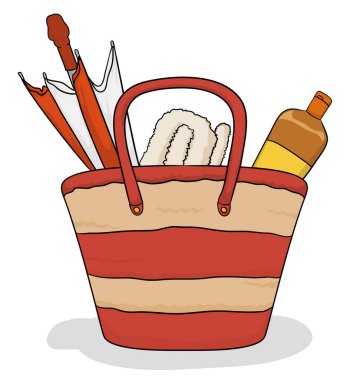 Plajda geçirilen yaz tatilinin tadını çıkarmak için bir çanta dolusu eşya: Şemsiye, havlu ve bronzlaşma losyonu. Çizgi film tarzında dizayn et.