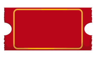 Altın çerçeveli kırmızı bir bilet gibi şablon. Çizgi film tarzında dizayn, beyaz arkaplan üzerinde izole edilmiş.