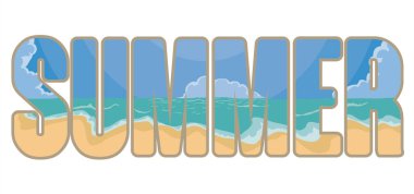 Çift pozlama efektli mevsimsel tabela, güzel bir sahil ve deniz manzarası gösteren mektuplarla yaz duyurusu.