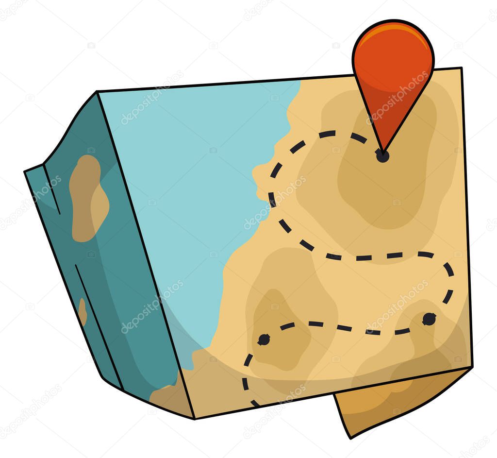 Unfolded map with location and dotted trace. Design in cartoon style and outlines over white background.