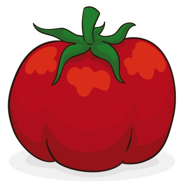 Saplı ve yapraklı domates, çizgi film tarzında, beyaz arkaplan üzerinde izole.