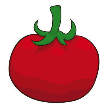 Karikatür tarzı ve ana hatları ile yeşil saplı yalıtılmış olgun domates, beyaz arkaplan üzerinde.