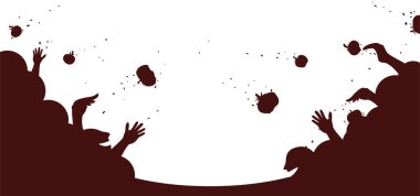 Kırmızı siluet ve iki grup insan beyaz arka plan için domates savaşı yapıyor..