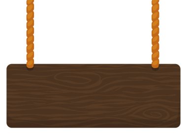 Çizgi film tarzında uzun ipleri olan boş tahta işaret şablonu, üstten sarkan.