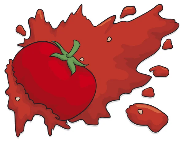 茎を持つ飛行トマトは壁に墜落し 白い背景にいくつかの種で赤いジュースを広げました — ストックベクタ