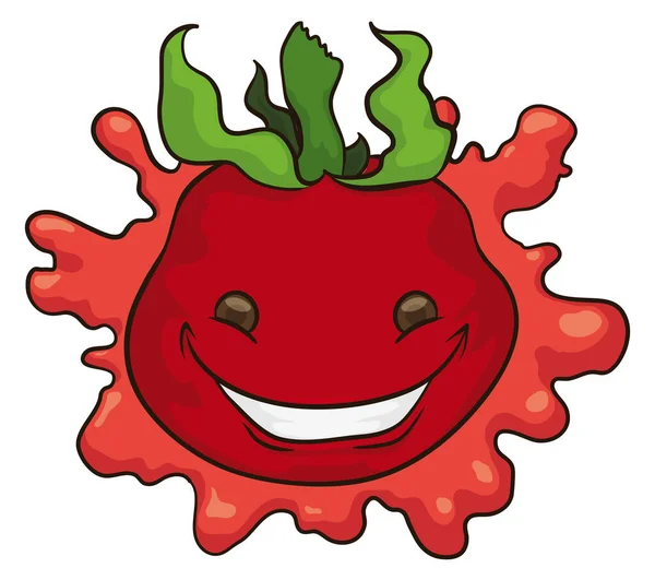 Mignon Souriant Personnage Tomate Avec Grand Sourire Sur Ketchup Éclaboussure — Image vectorielle