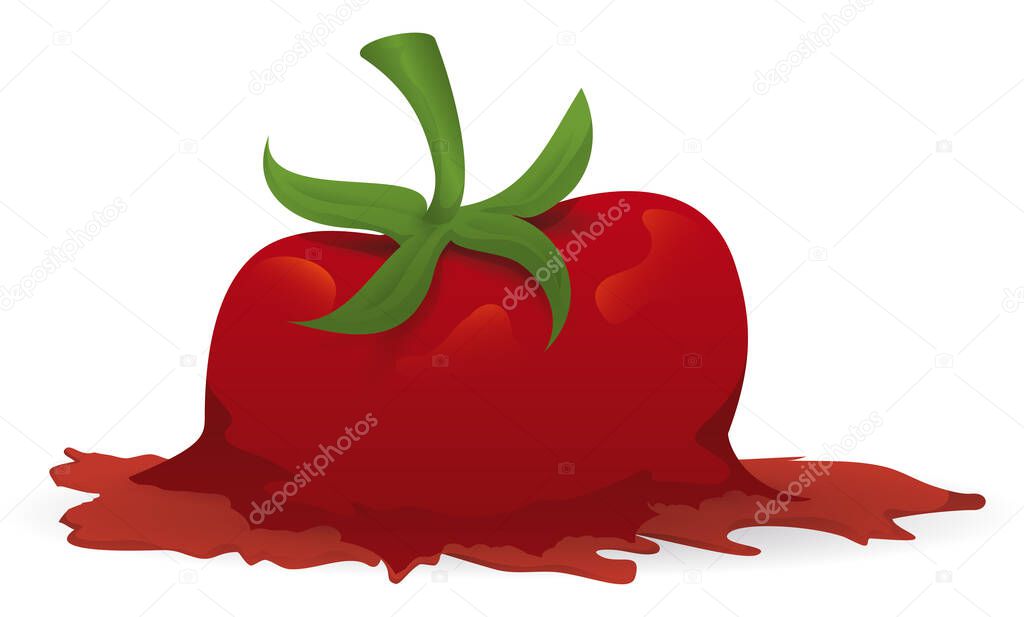 Squashed tomato with stem on, spilling its juice, isolated over white background.