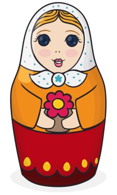 Beyaz kapüşonlu, sarı saçlı ve elinde çiçek olan sevimli Matryoshka bebeği. Çizgi film tarzında dizayn et.