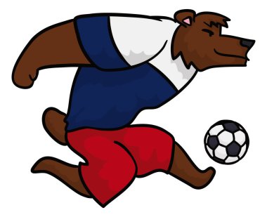 Atletik futbolcu gibi ayı, topa vuruyor ve Rus üniforması giyiyor. Çizgi film tarzında dizayn et.