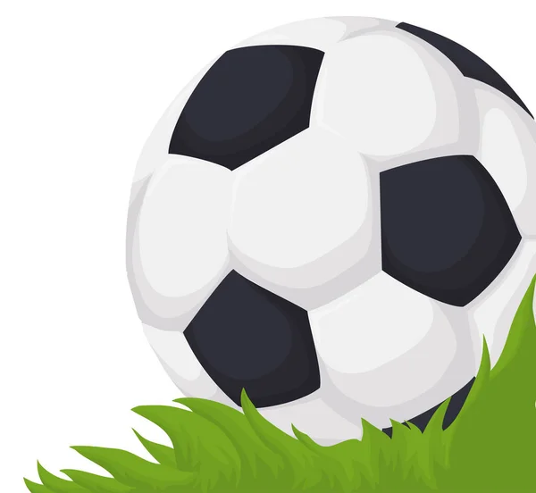 Close View Soccer Ball Green Grass Field Design Cartoon Style — Stock Vector