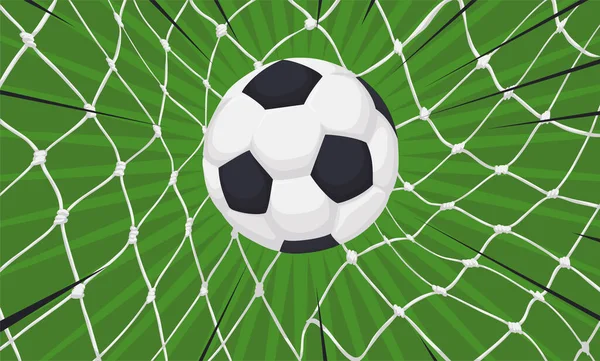 First Plane View Soccer Ball Entering Net Scoring Goal Design — Stock vektor