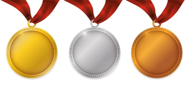 Uitzicht Verschillende Medailles Opknoping Van Rode Linten Voor Prijsuitreiking Van — Stockvector
