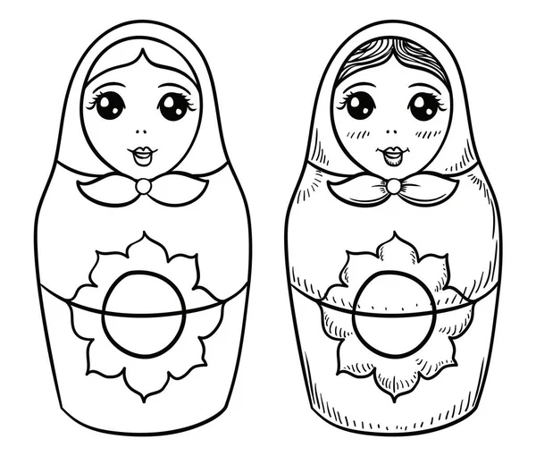 Cute Pair Female Matryoshka Dolls Hood Flowers Different Design One — Stockový vektor