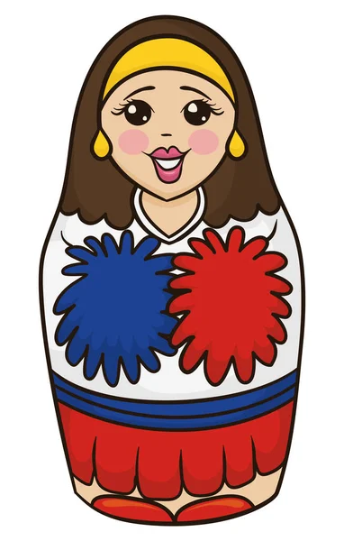 Happy Matryoshka Russian Cheerleader Pom Poms Her Hands — Stockový vektor