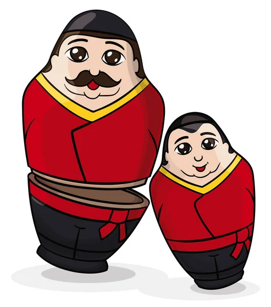 Pair Matryoshka Dolls One Tall Moustached Other Boy Traditional Russian — Stockvektor
