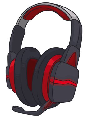 Cartoon design of a gaming headphones with microphone and red LED lights over white background.