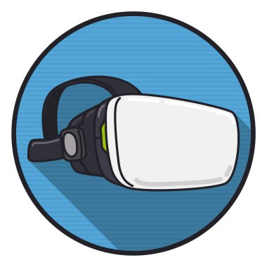Virtual reality headset in flat style and long shadow over a round button with scanlines.