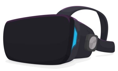 Design in cartoon style of a black reality headset with blue led and stripes, isolated over white background.