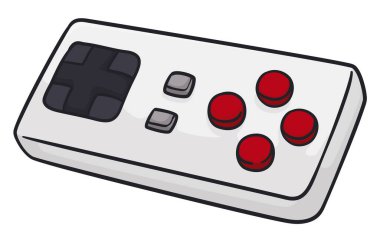 Isolated classic video game controller with the traditional buttons disposition at the right side and D-pad at left side. Design in cartoon style.