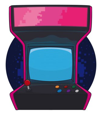 Design in cartoon style of a vintage arcade video game, with joystick, buttons and screen, also the case colored with pixels.