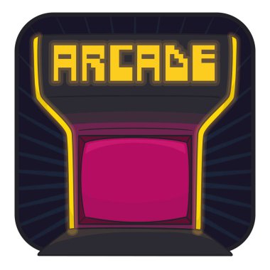 Square shaped button with arcade case with screen and pixel typography, promoting video games.